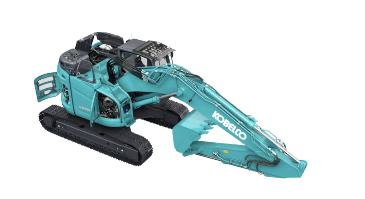 Kobelco SK380SRLC-7 mit geöffneten Wartungsklappen