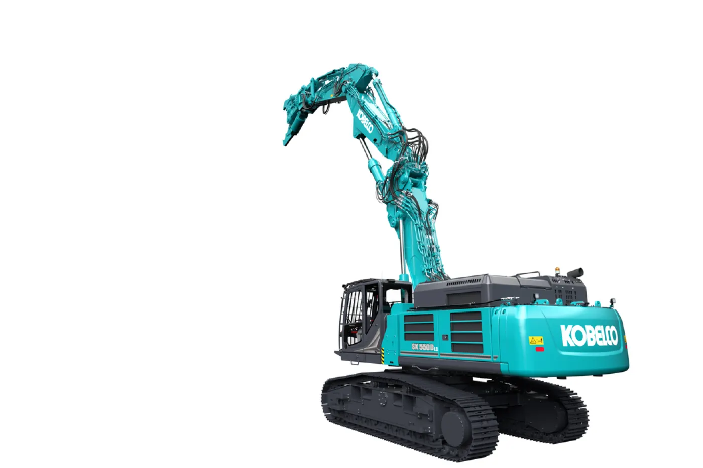 Kobelco SK550DLC-11E in Heckansicht mit Gegengewicht und Kettenfahrwerk