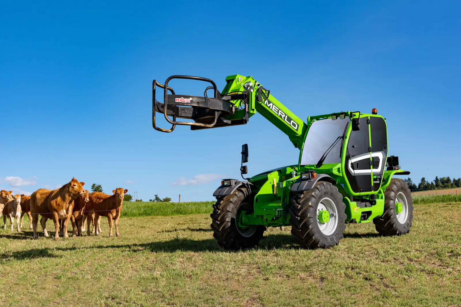 Baureihenbild zu Merlo MF 34.7 CS-140: Merlo Multifarmer MF 34 mit Ballenzange auf einer Weide, daneben Rinder