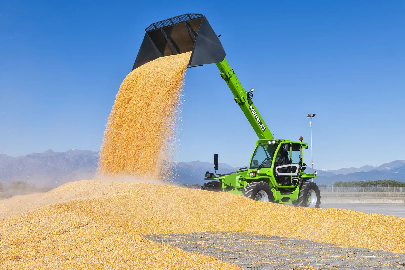 Baureihenbild zu Merlo TF 38.10 CS-136-CVTRONIC: Merlo TF38.10 schüttet mit weit ausgefahrenem Arm Mais auf einen Haufen