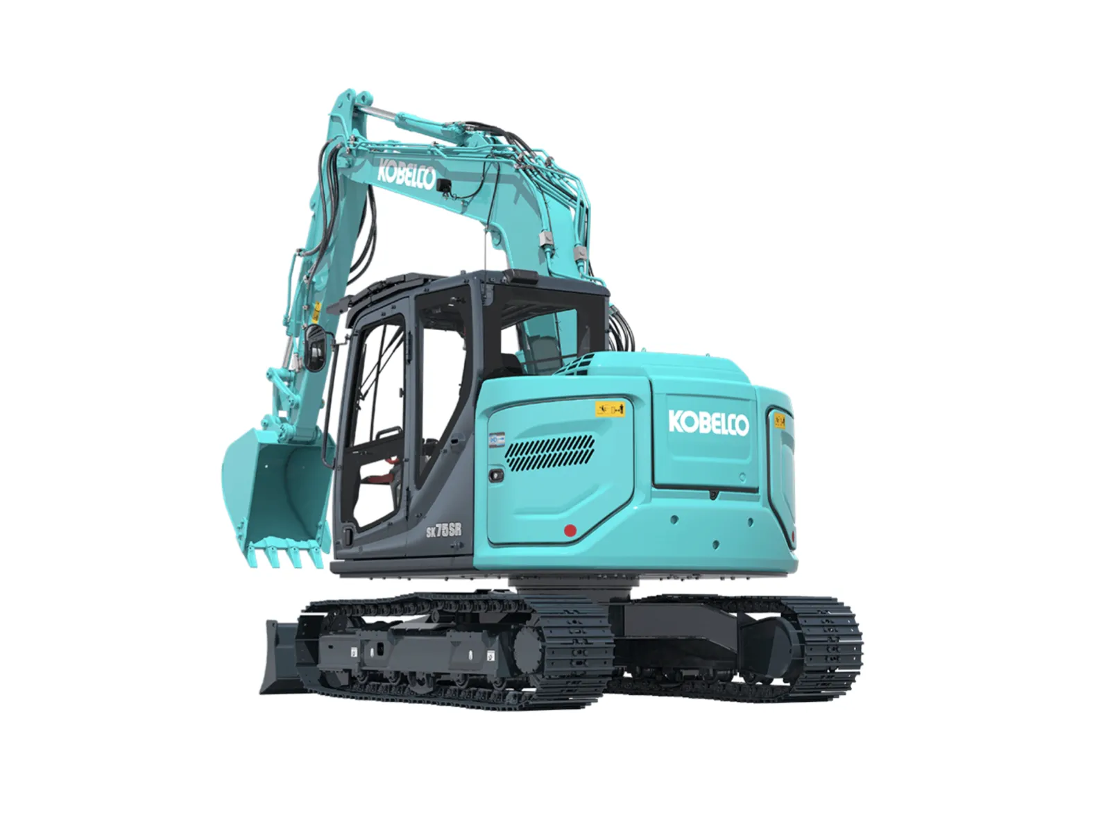 Kobelco SK75SR-7 in Heckansicht mit angehobenem Ausleger