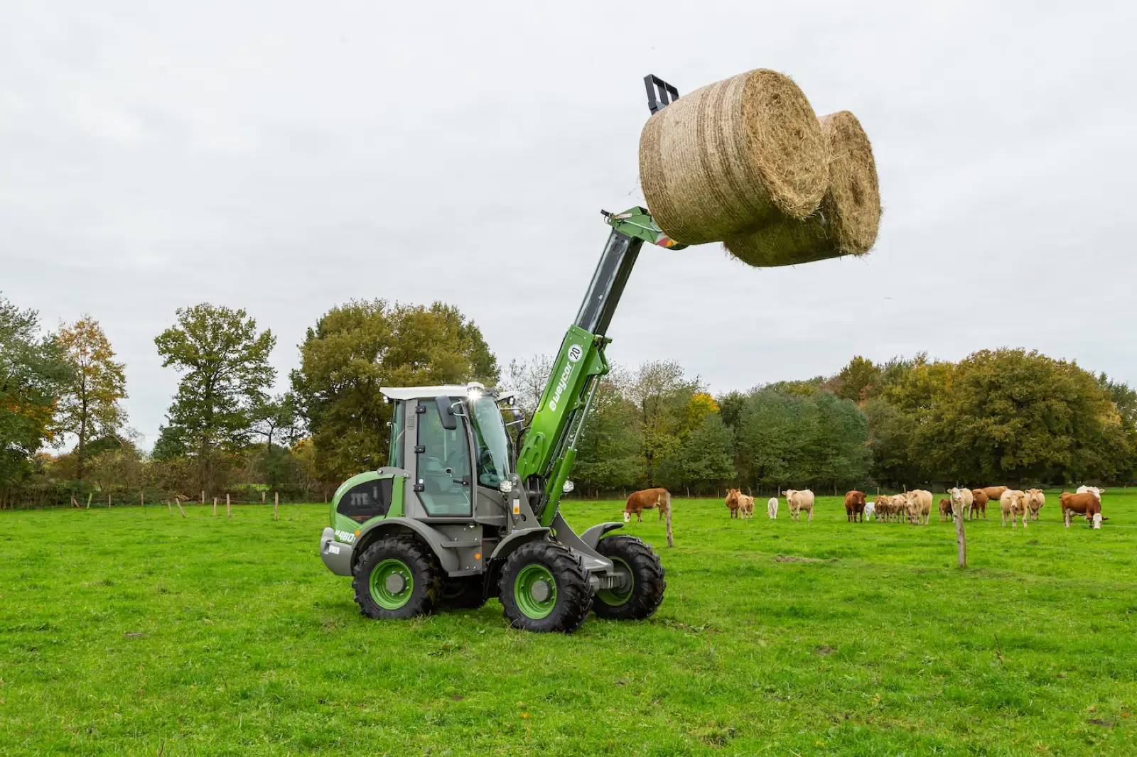 Weycor AR480T Agrarline hebt einen Rundballen über einer Weide